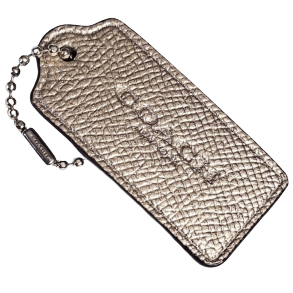 😍 2.25" Coach Lt Metallic Gold Pebbled Leather Hangtag Bag Fob Charm Keychain